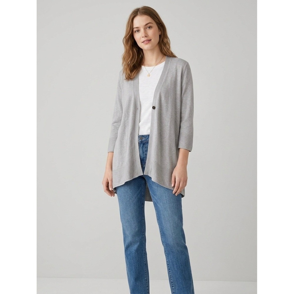 J. Jill Grey Linen Blend Single Button High-Low Cardigan Sweater Large Petite